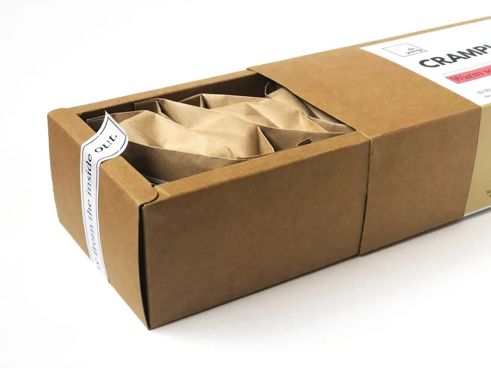 Physisches Verpackungsmuster: Faltschachtel aus Kraftkarton mit Papierpolster
